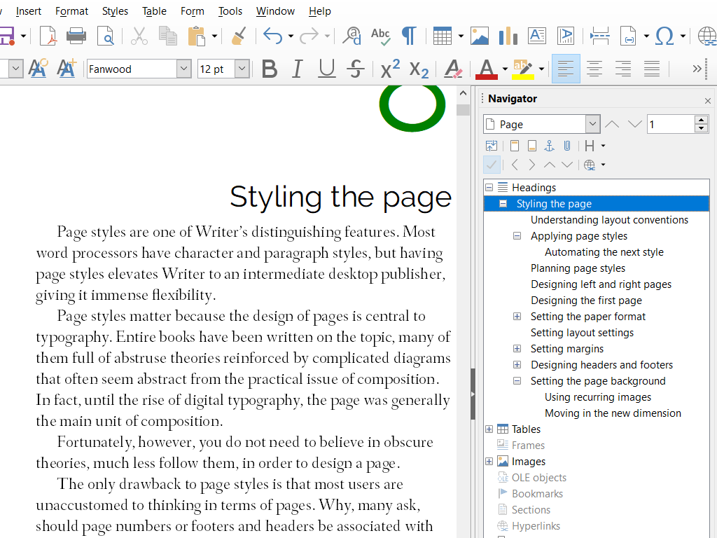 Captura real de LibreOffice Writer con un documento sobre estilos de página y el panel Navegador abierto